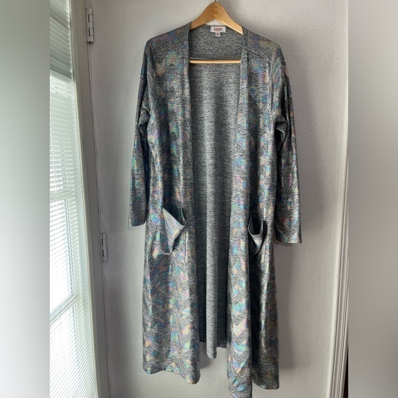 Lula roe XL gray shimmer mermaid long open cardigan, duster kimono - Picture 1 of 6